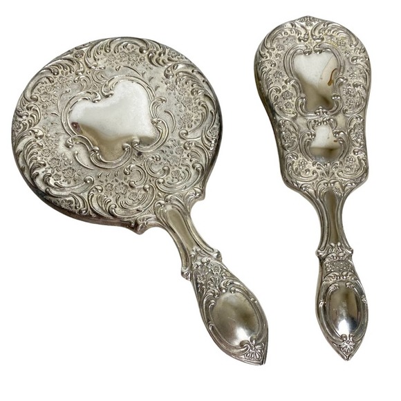 Vintage Other - Vintage mirror and brush vanity set silver plated Art Nouveau Repousse 9”